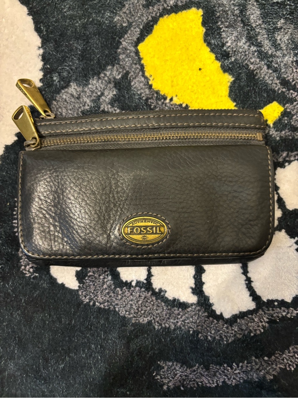 Fossil Black Leather Zip Card Case with Gold Hardware